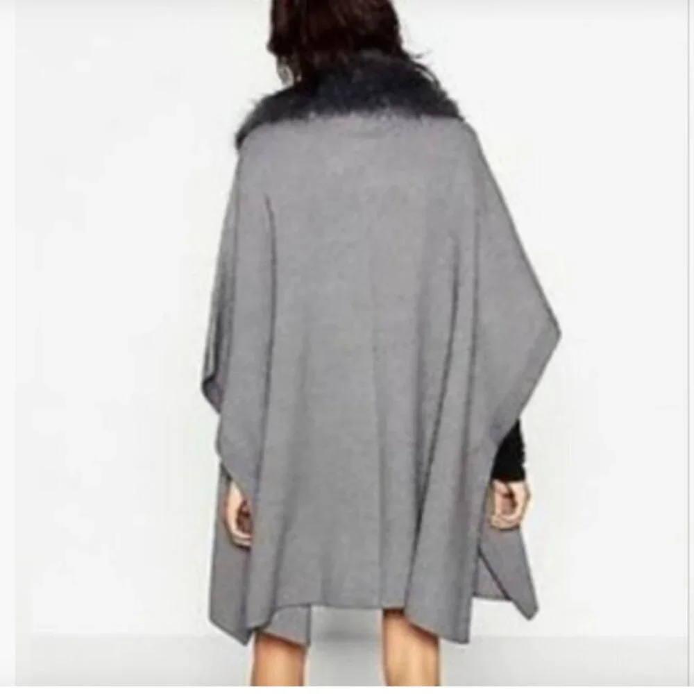 NWT Zara Cape Poncho Gray Faux Fur Collar Size M - Picture 2 of 6